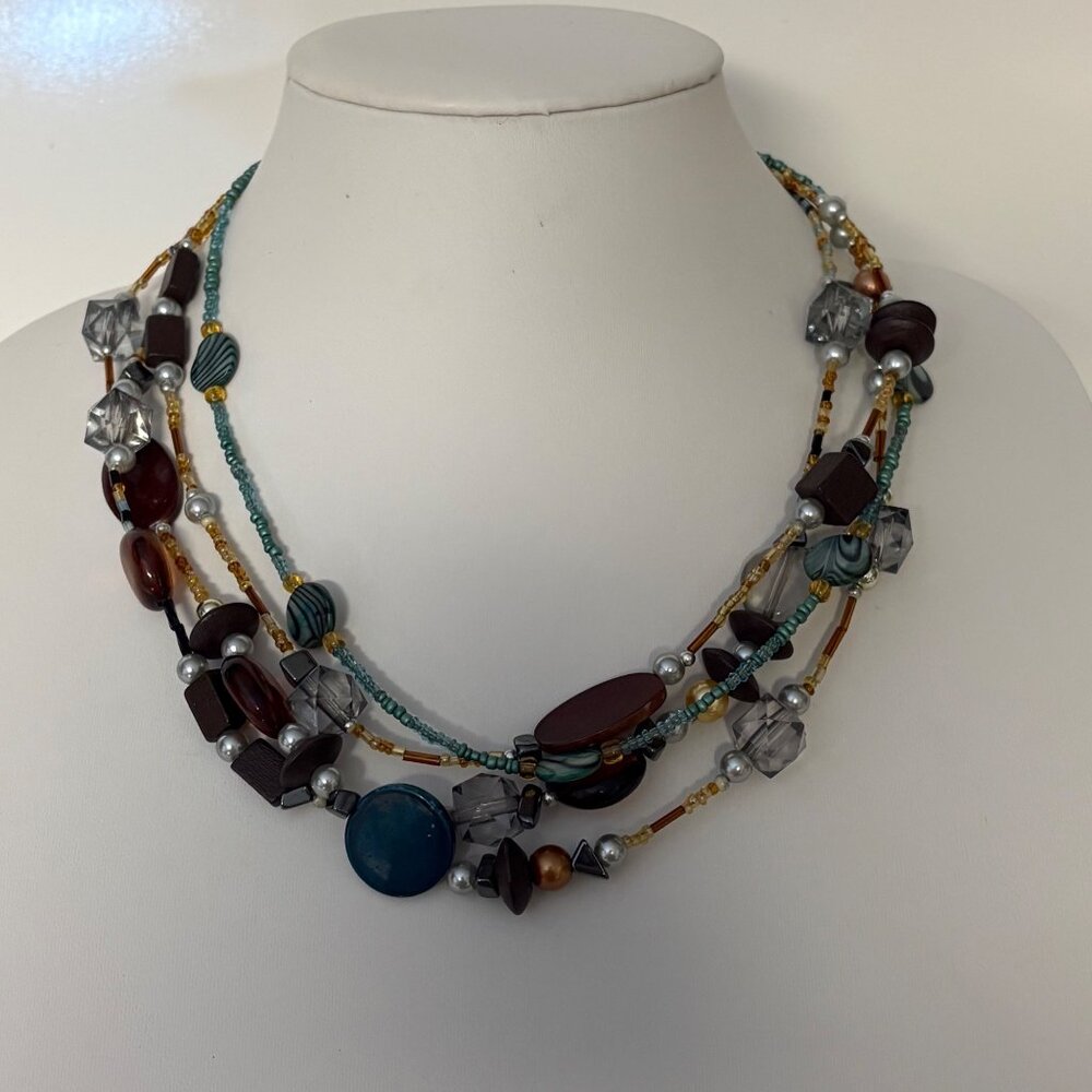 Multi Strand Brown Teal Wood Beaded Necklace Boho Layered Statement Jewelry